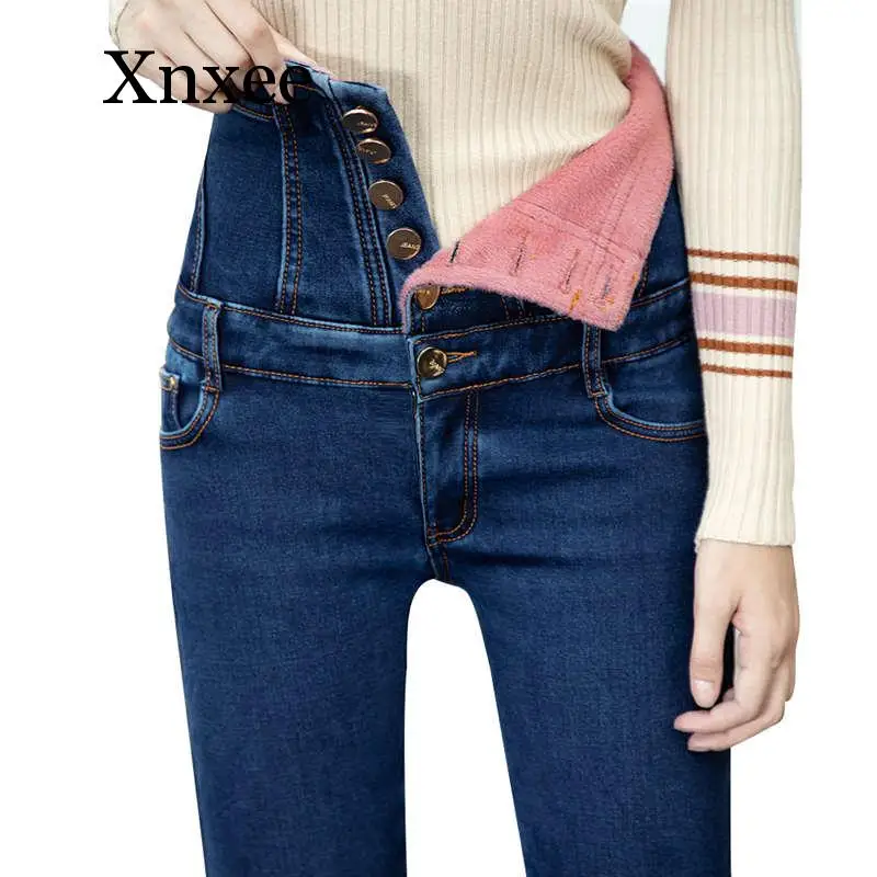 

Leggings Velvet Thicken Skinny Jeans Woman Winter High Waist Pencil Jeans Femme Long Denim Pants Trousers Women warm