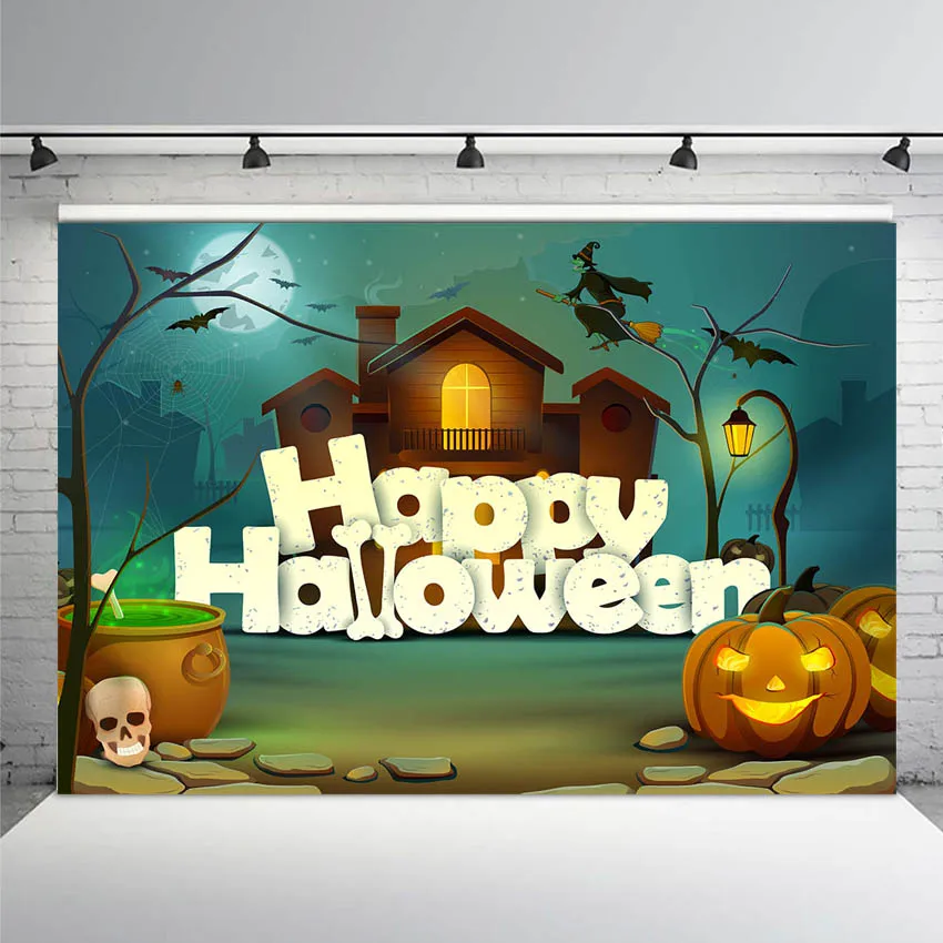 

Mehofoto Photography Backdrop Halloween Night Moon Ghost Bats Pumpkin Lantern Grave Party Black Silhouette Background Photocall