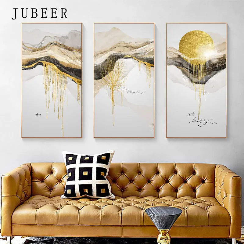 Abstract Golden Sun Canvas Painting Flowing Big Paint Posters Print Fashion Large picture for Living Room Nordic Wall Art Decor