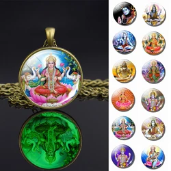 1pc Luminous Lakshmi Goddess God Ganesh Bronze Necklace Glowing Hinduism Glass Cabochon Jewelry Pendant Amulet Gift