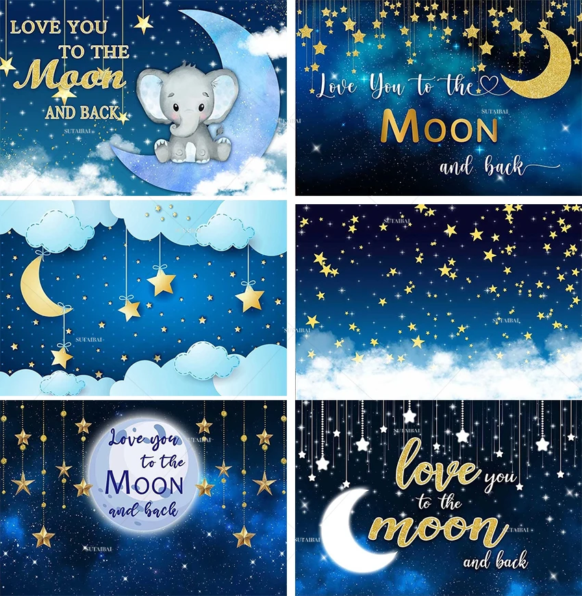 Happy Birthday Baby Shower Elephant Moon Shinning Stars Starry Sky Party Baby shower Child portrait Photo Backdrop Photography