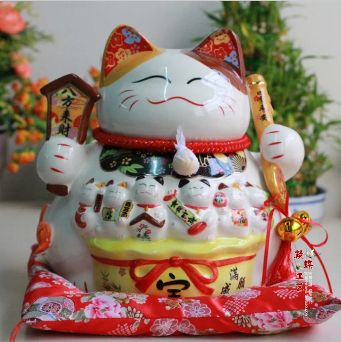 Decoration Arts crafts girl gifts get married  large 28CM eight party property ceramic Lucky Cat ornaments piggy bank bus