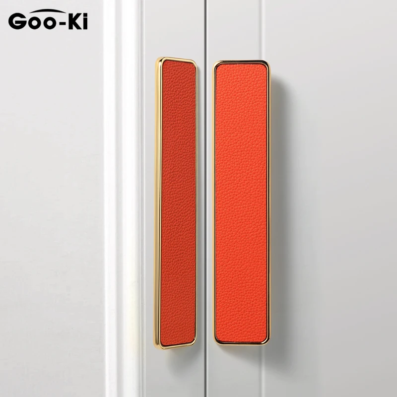 Modern Red-orange Genuine Leather Handle Finger Pull Cabinet Handle Kitchen Cupboard Pulls Drop Handle Furniture Handle Hardware