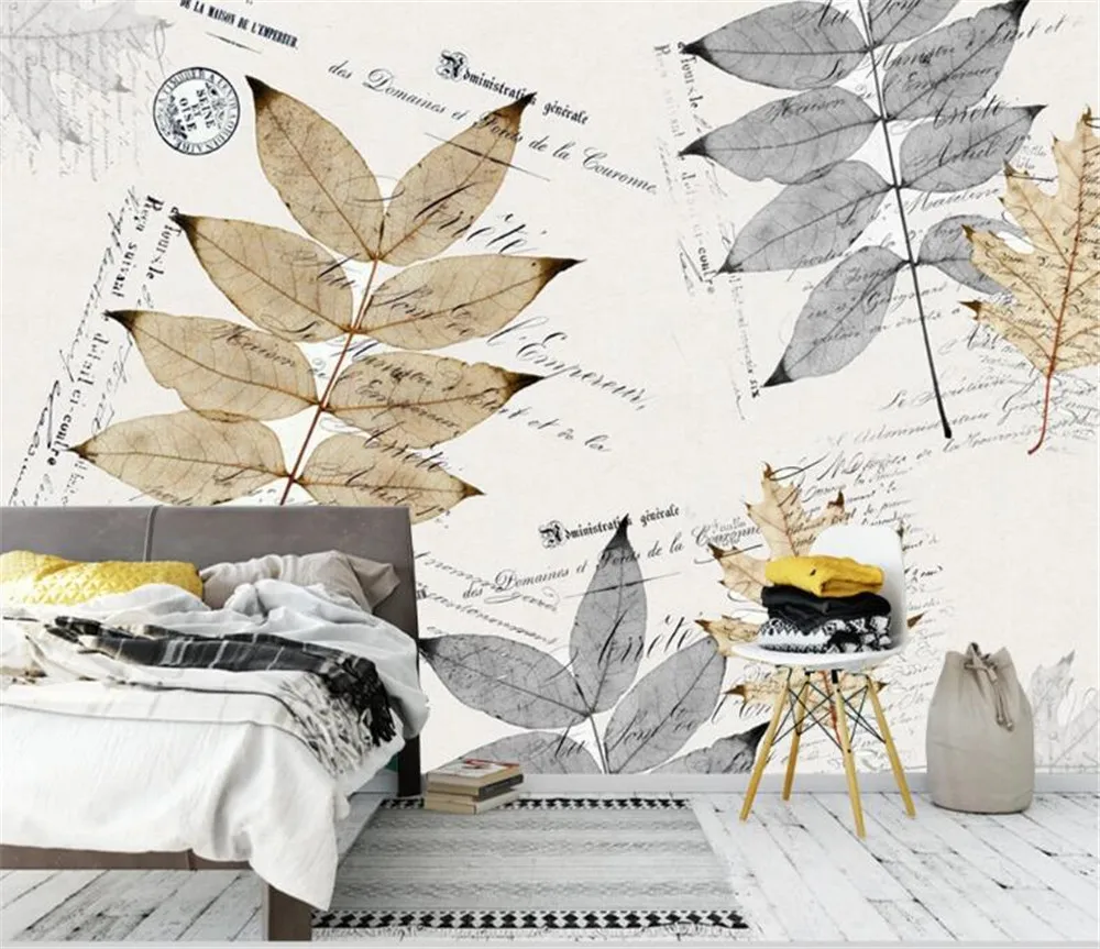 

Bacal 3d wallpaper wall covering modern art hand-painted leaves texture English handwritten font photo mural home decor