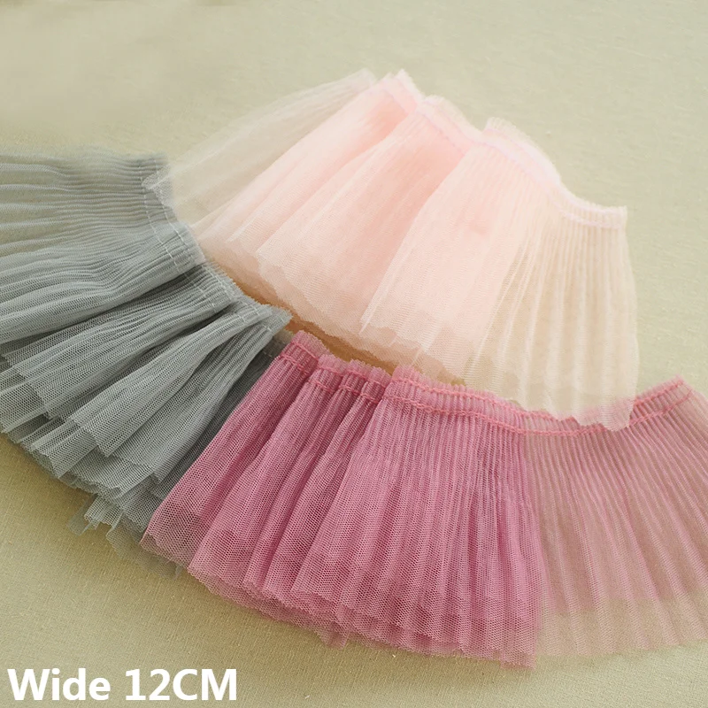 12CM Wide Double Layers Tulle Mesh Accordion Pleated Lace Fabric Embroidered Fringe Ribbon Curtains Skirts Hemlines Sewing Decor