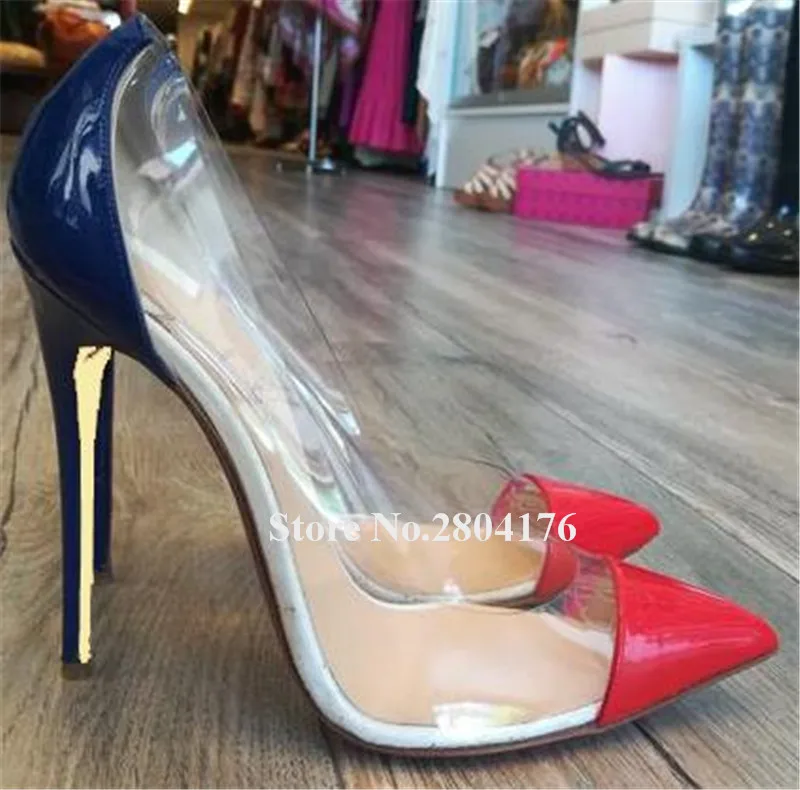 Brand Design Pointed Toe PVC Patchwork Stiletto Heel Pumps Slip-on Red Blue Transparent 12cm High Heels Formal Dress Shoes