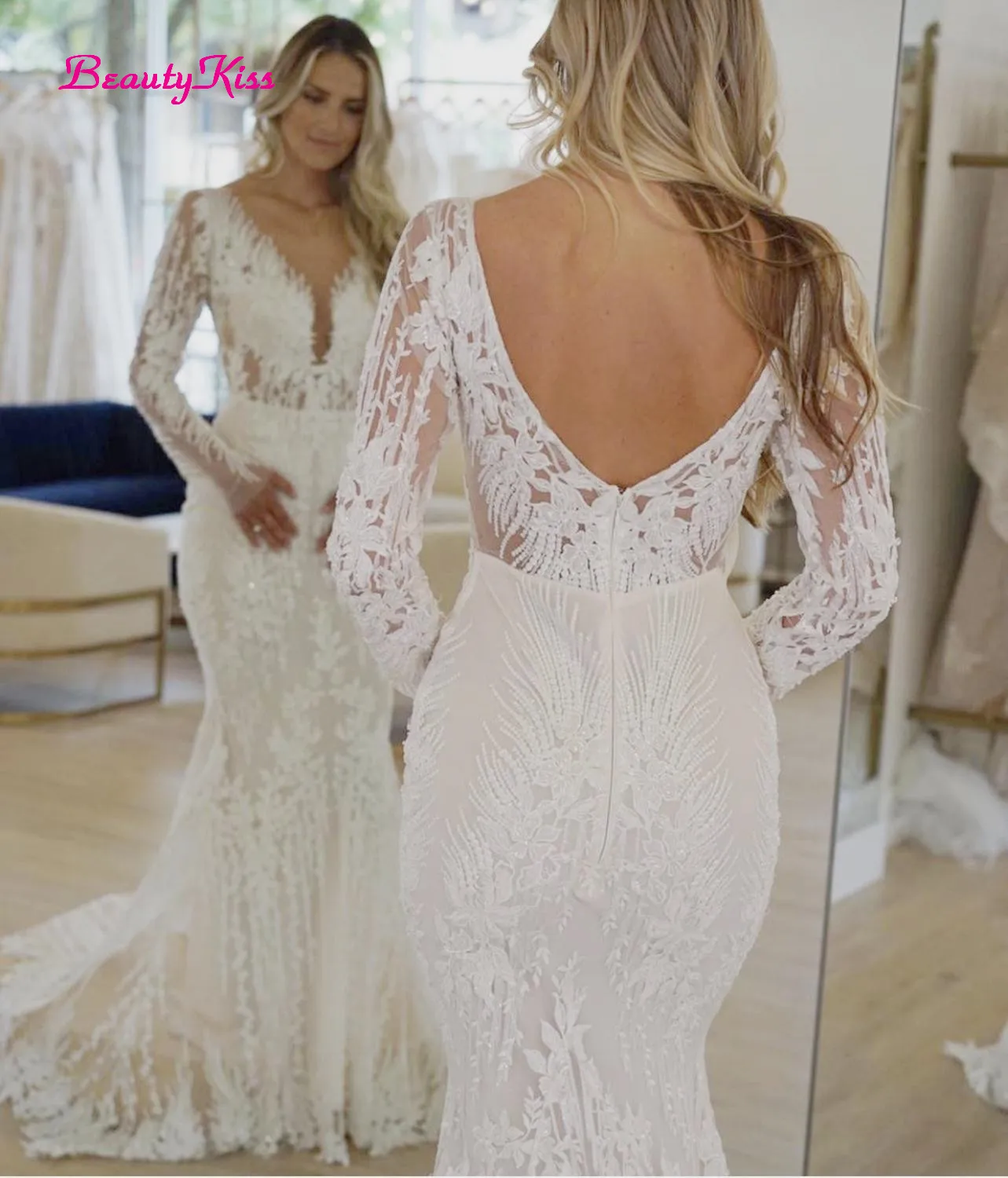 Luxe Mermaid Wedding Dress V-hals Lange Mouwen Kant Applicaties Pailletten Backless Sweep Trein Bruid Toga Vestidos De Noiva