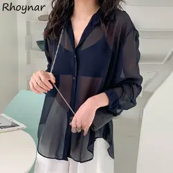 Women Shirts Sheer Sun-proof Fashion Summer Elegant Outerwear Simple Solid All-match Feminine Long Sleeve Turn-down Collar Cozy