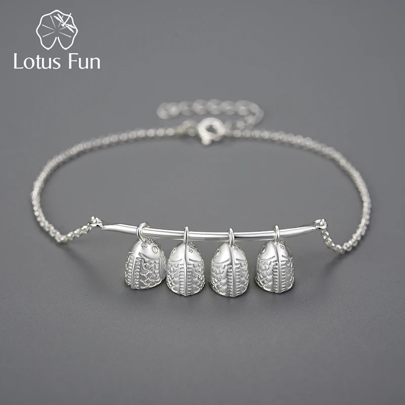 

Lotus Fun Real 925 Sterling Silver Natural Creative Handmade Designer Fine Jewelry Ethnic Vintage Fish Bell Female Bracelet