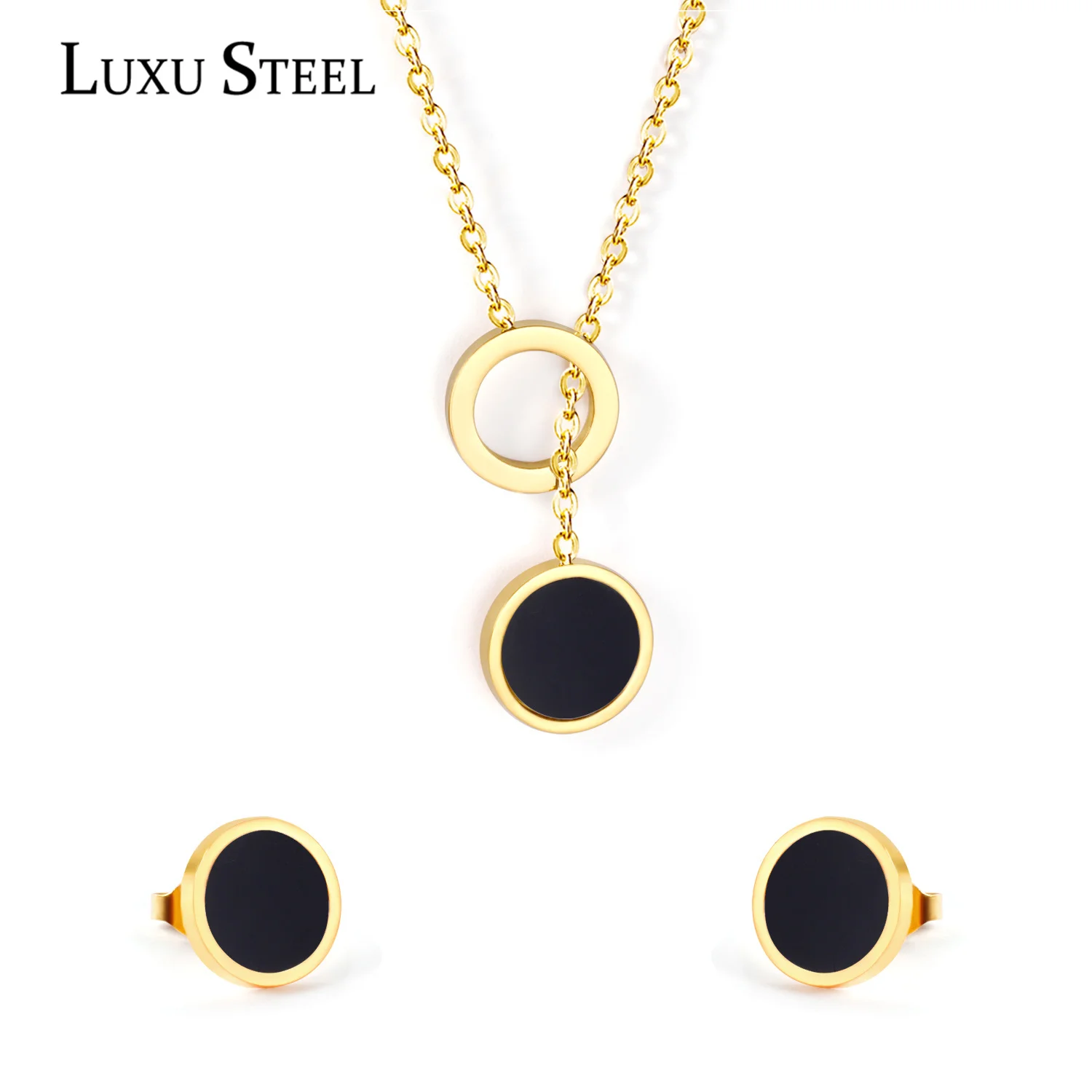 LUXUSTEEL Stainless Steel Round Black Shell Earring Sets Brinco Korean Style Golden Color Throught Chains Necklace Party Gift