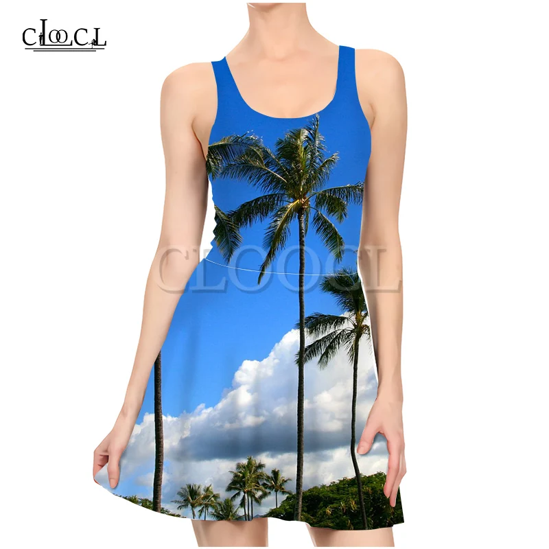 

CLOOCL Plant Palm Tree 3D Print Dress Women Slim Sleeveless Women Sexy Dresses Pleated Casual Dress Summer