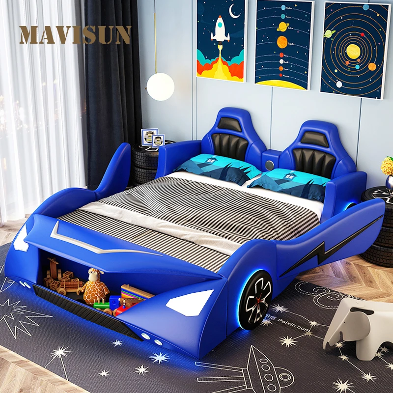 Cool Creative Car Cartoon Sports Car Storage With Guardrail Multifunctional Solid Wood Leather Bed Children's Bed Boy