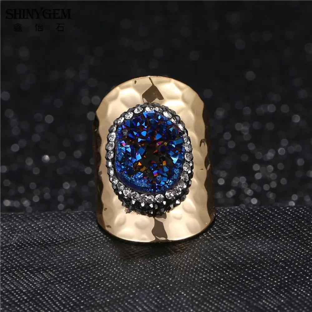 

shinygem irregular natural crystal druzy charm exaggerated gold plating gem stone finger ring for women gift