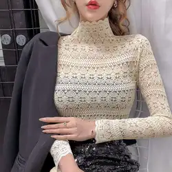 Stretch Lace Women's Turtleneck Long Sleeve Shirts Top Women's Small Shirt Blusas Ropa De Mujer