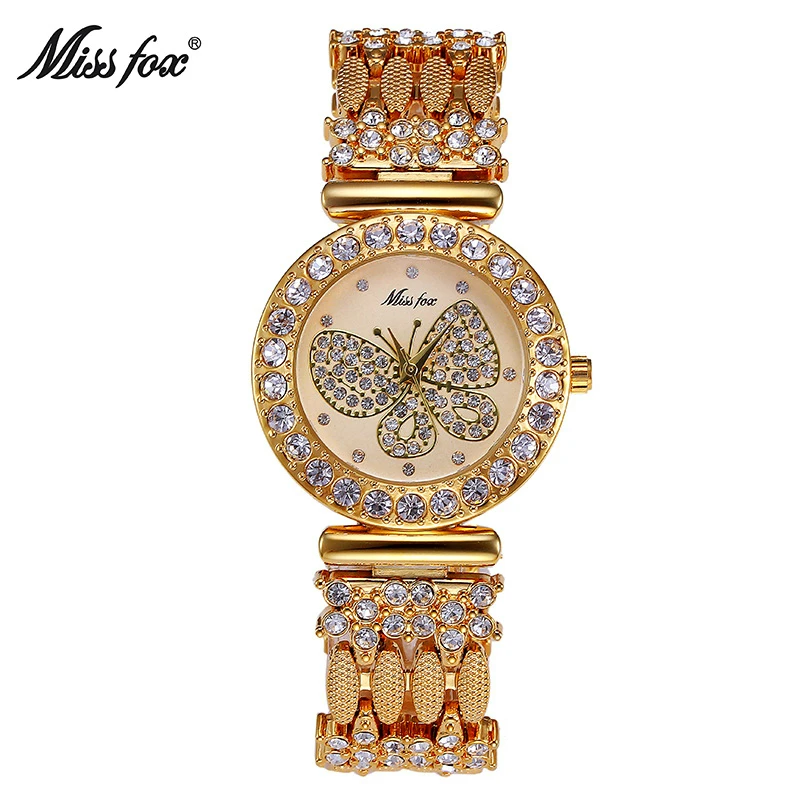 

MISSFOX женские часы с бабочкой, роскошный бренд, большой бриллиант, 18K золотые часы, водонепроницаемые, специальный браслет, дорогие женские наручные часы