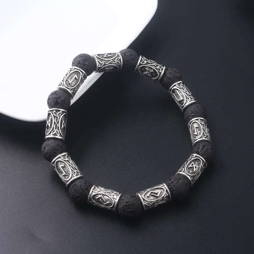 Natural Lava Stone Runes Beads Bracelets For Men Norse Viking Hammer Mjolnir Amulet Strand Bangles Lady Send Boyfriend Gift Best