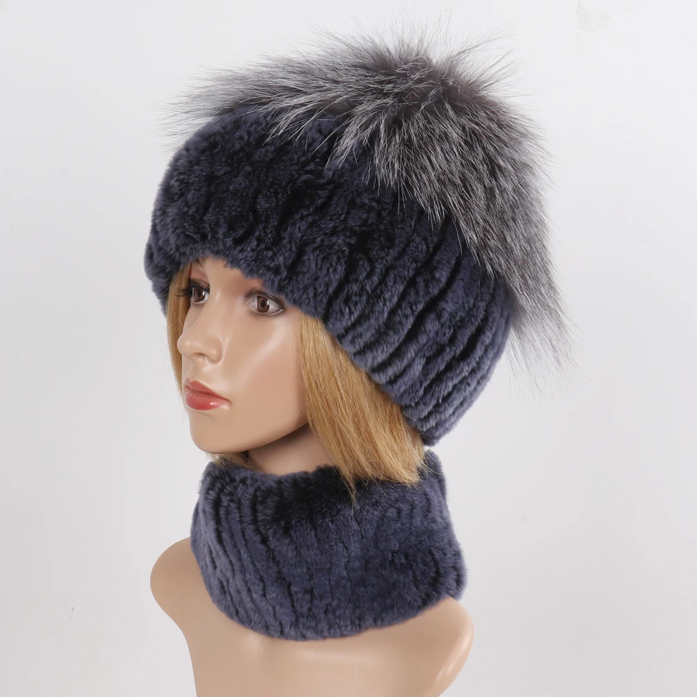 Women's Winter Warm Genuine Fur Hat Scarf Set Real Rex Rabbit Fur Cap with Silver Fox Scarves 2-Piece Natural Fashion Accessory