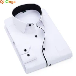 White Single Row Black Button Shirt for Men Square Collar, Black Striped Patchwork Cotton Shirts, Business Wedding Dress Camisa