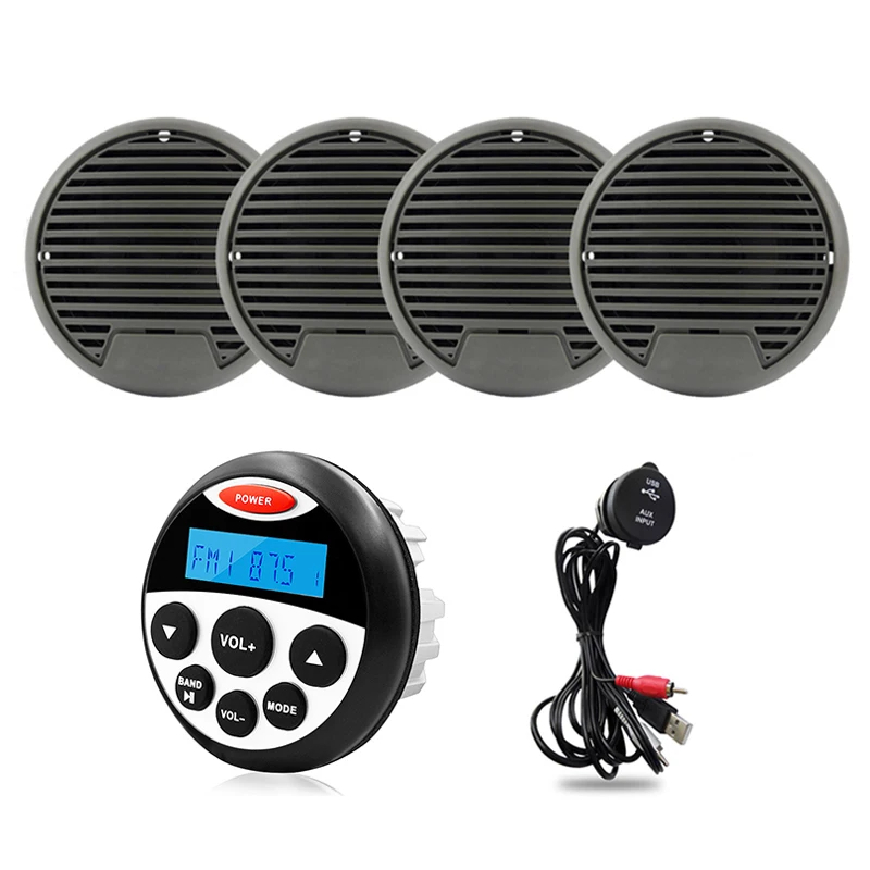 

Marine Radio Audio Stereo Bluetooth Receiver MP3 Player+2Pair 3inch Waterproof Speakers+Boat USB Audio Cable For ATV Pool Yacht