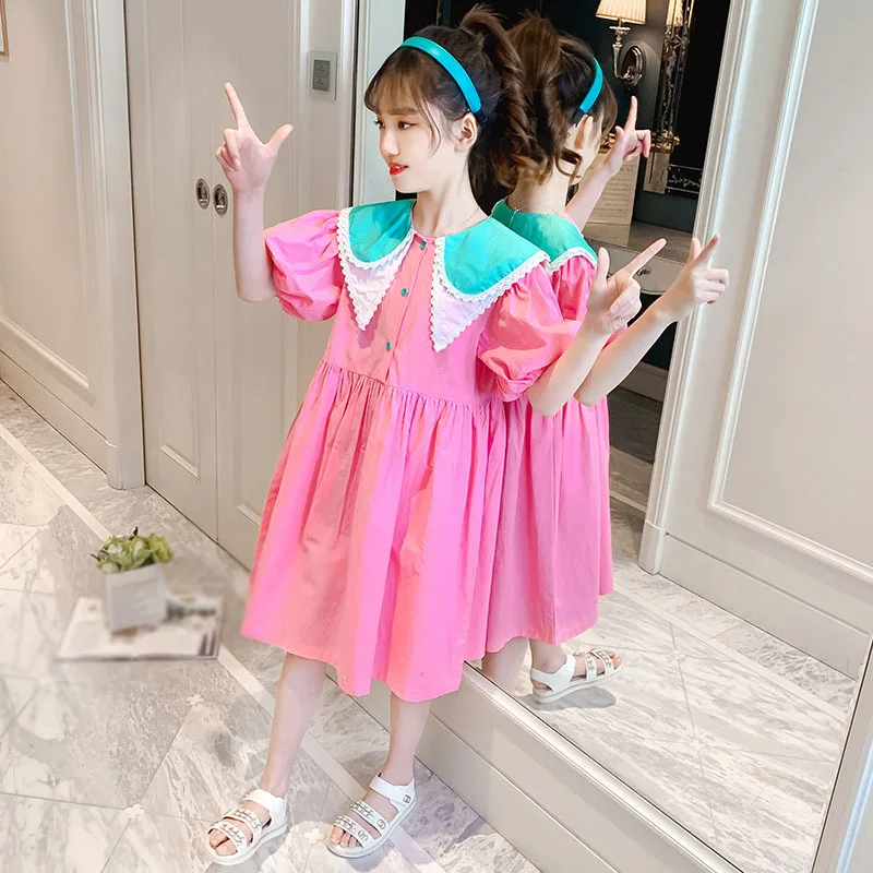 Summer Girls' Dress Fashion College Style Novel Personality Lapel Sweet Princess Dress Baby Kids Children'S Clothing For 4-13Y