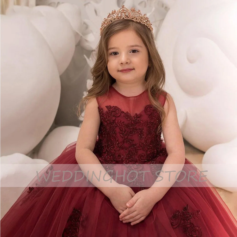 Borgonha até o chão vestido da menina de flor 2022 novo bebê festa de natal vestidos de baile renda criança vestido de baile de aniversário пла vauе дляев®чки