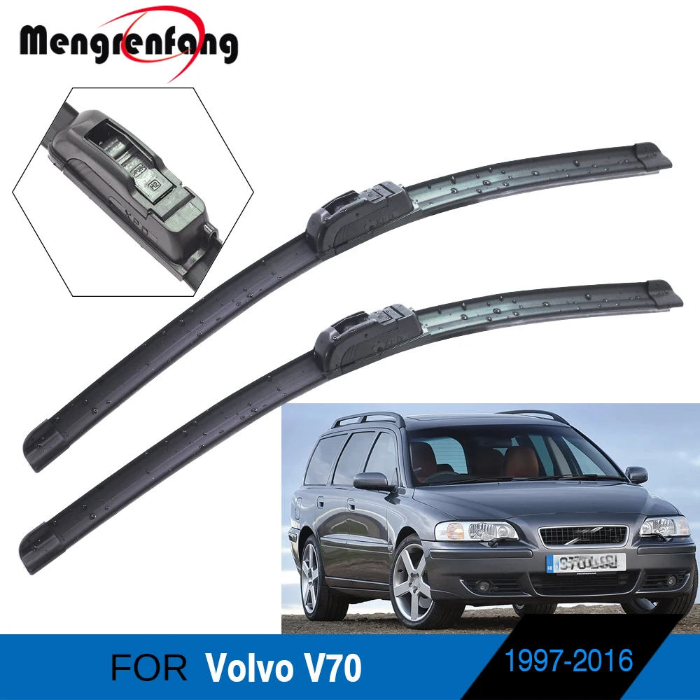 For Volvo V70 Car Soft Rubber Wiper Blades Front Windscreen Wiper J Hook Pinch Tab Push Button Arms Accessories 1997-2016