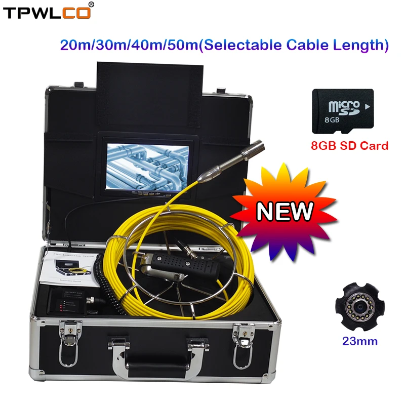 

20-50m 1000TVL 23mm Pipe Inspection Video Camera, 7inch Waterproof Drain Sewer Pipeline Industrial Endoscope System Support DVR