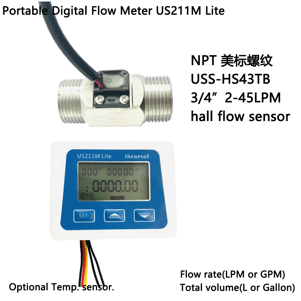 

US211M Lite Digital Flow Meter & NPT USS-HS43TB Stainless Steel 304 Hall Water Flow Sensor 2-45L/M NPT 3/4" Turbine Flowmeter