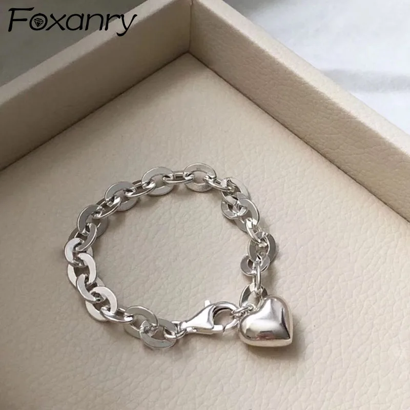 Foxanry Silver Color Thick Chain Bracelet Summer New Trend Punk Vintage Charm Sweet LOVE Heart Tassel Party Jewelry Gifts