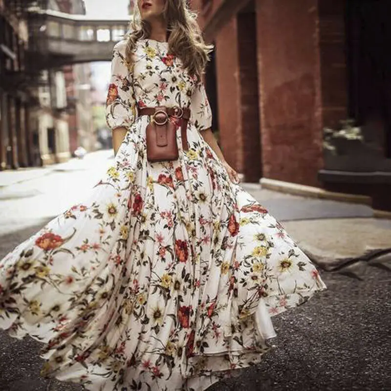 

New trendy Womens Boho Long Dress Floral Maxi Dress Party Evening Summer Autumn Beach Sundress Plus Size Vestidos de festa S-XL