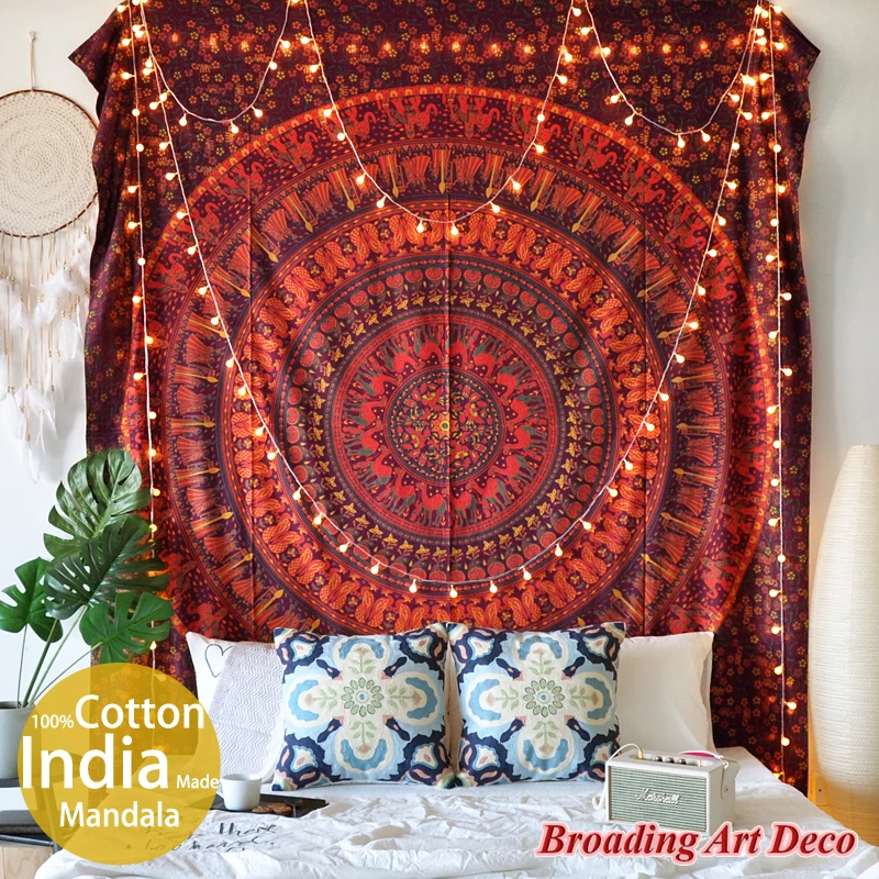 Red Circle Mandala 100%Cotton Screen Print 210x230CM Tapestry Wall Hanging Handmade in India Bedroom Boho Bedspread Beach Mat