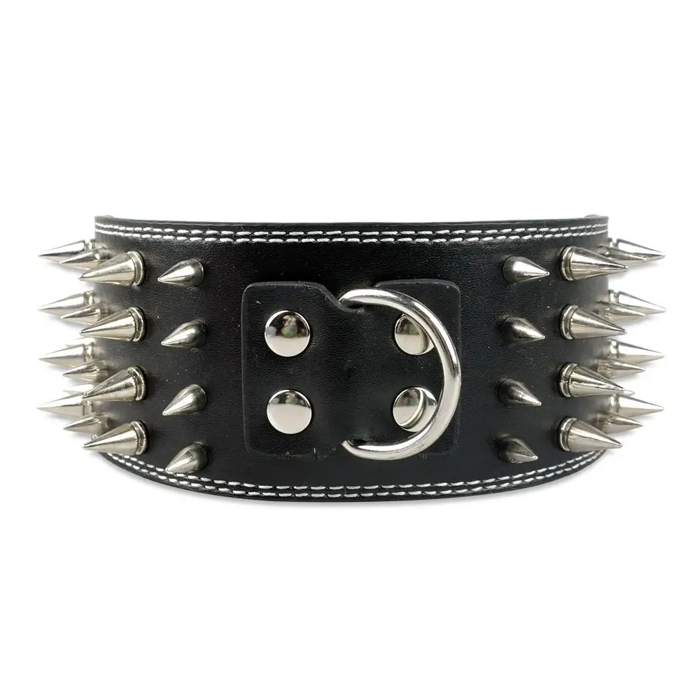 Wide Spikes Studded Leather Pet Dog Collar, Large Breeds, Pitbull, Doberman, M, L, XL Sizes, 3 Inch