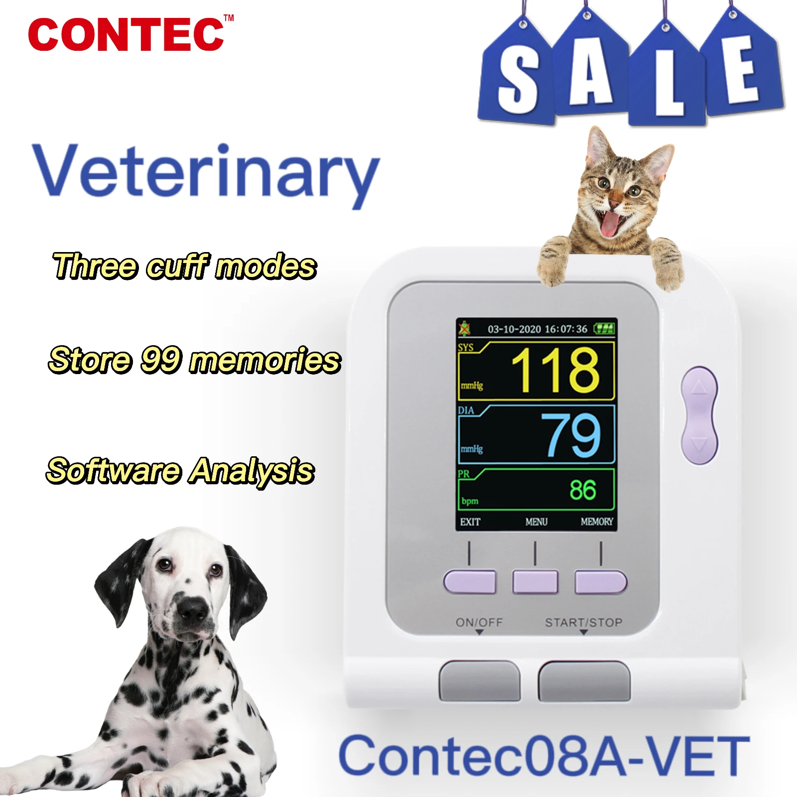 

CONTEC CHN&RU&USA Vet Veterinary OLED Digital Blood Pressure & Heart Beat Monitor NIBP CONTEC08A-VET Free shipping