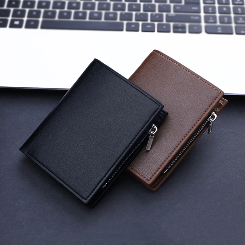 Men's Short Wallet Vertical Black Brown Multi-Card Holders Phone Pocket Small Folding Clutch Coin Purse Vintage Zipper Money Bag