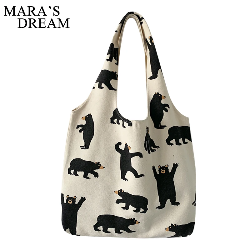 Mara\'s Dream Korea Ulzzang Big bear pattern Print Female Shopping Canvas Tote Casual Large-capacity Cartoon Women Shoulder Bags