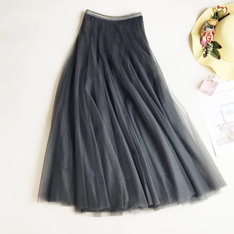 Rok lipit wanita model a-line pinggang tinggi, Rok kain Tule, rok pantai Maxi panjang, rok Tulle a-line, rok pinggang tinggi, Solid, rok lipit musim panas, untuk wanita