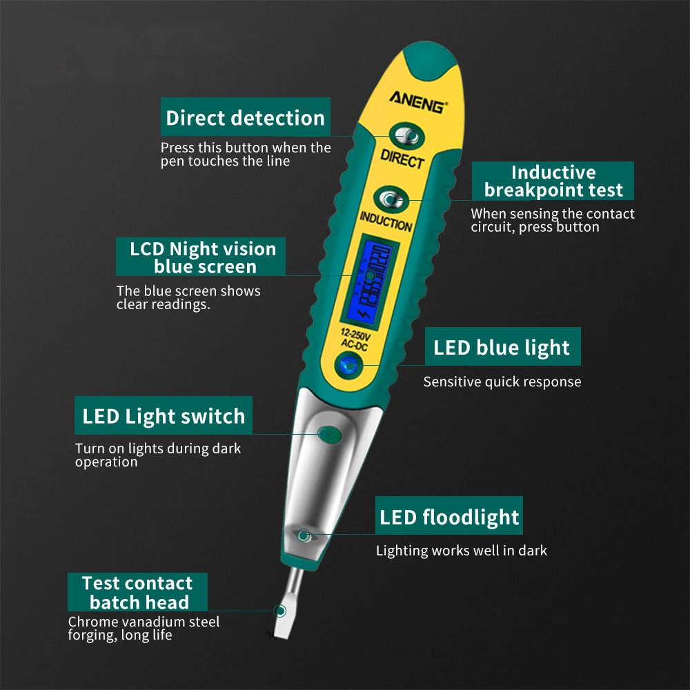 มัลติมิเตอร์ดิจิตอลดินสอทดสอบ12-250V ไขควงไฟฟ้าจอแสดงผล LCD เครื่องตรวจจับแรงดันไฟฟ้าปากกาทดสอบเครื่องมือช่างไฟฟ้าเครื่องมือ