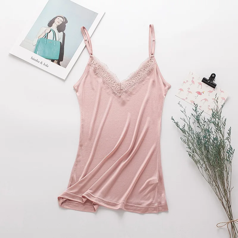 Birdsky, 2 Nữ Lụa Xe Tăng Cao Cấp Camisoles Spaghetti Dây Áo Vest, Áo Cổ V Phối Ren, 70% Viscose 30% Dâu Tằm Tơ, 5 Màu. Hay-27