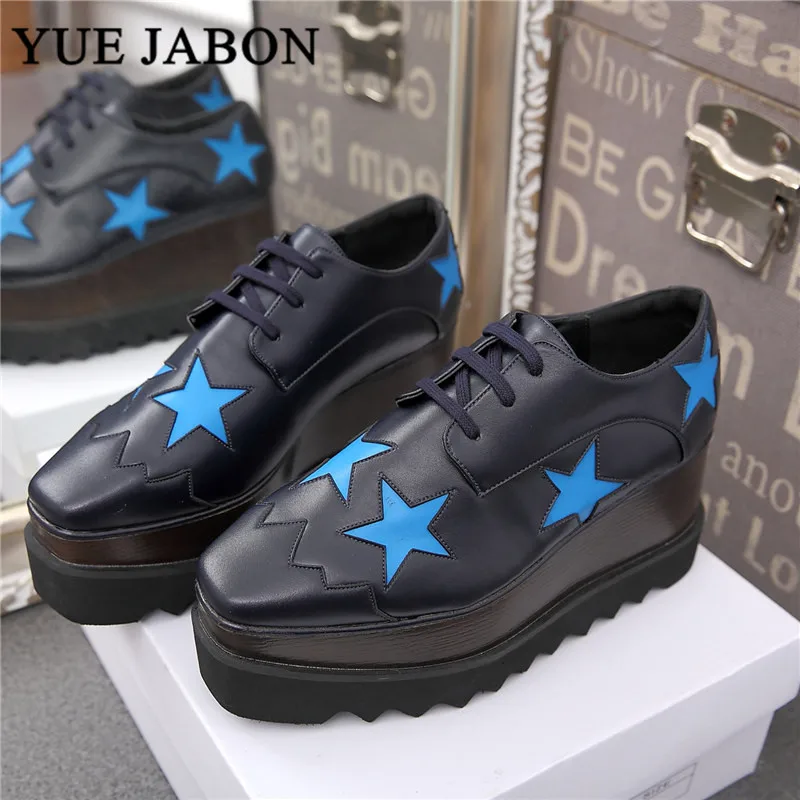 Black White golden silver five Stars Shoes Women high quality Square Toe lace-up thick Bottom Platform Wedge heel Causal Shoes