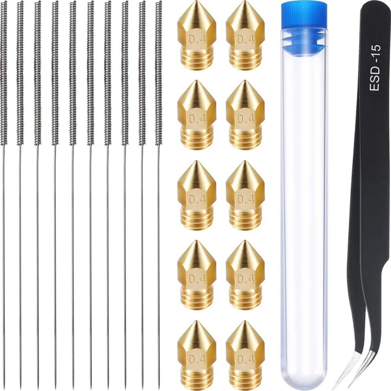 31 Buah/Set 0.4 Mm Mk8 Nozzle + 10 Paket 0.4 Mm Jarum + 1 Buah Pinset Tool Kit Baja Nirkarat Nozzler Cleaner untuk MK8 Makerbot