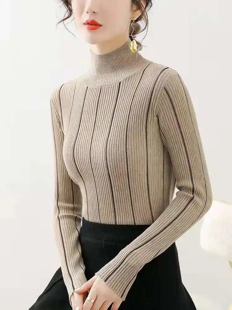 Light and shadow vintage turtleneck vertical stripe winter sweater female jumper knit warm jumper Mugill suede leather Kobieta S