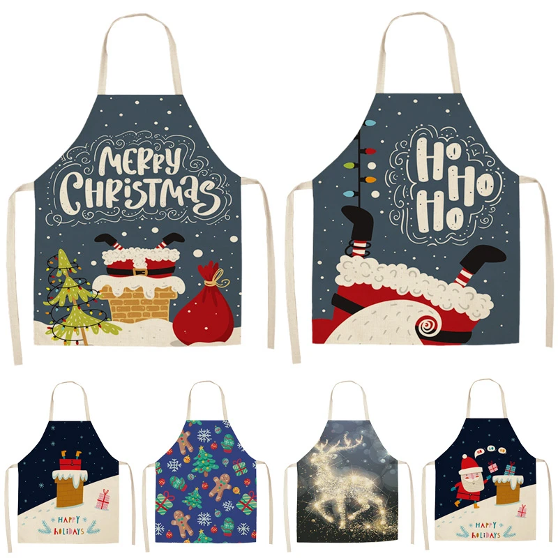 Christmas Decoration Sleeveless Apron Cotton Linen Kitchen Aprons Women Home Cooking Baking Waist Bib Pinafore 53*65cm CM1005