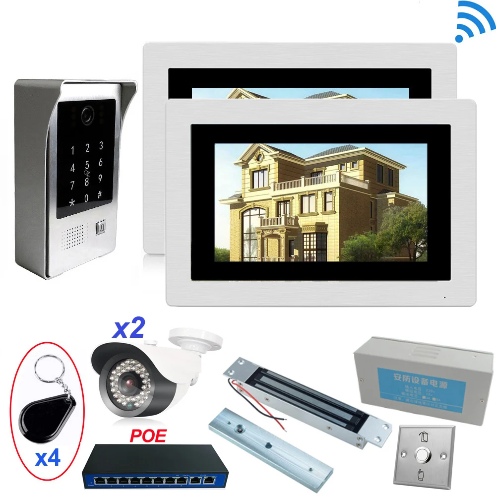 IP Wifi Video Door Phone Intercom Access Control System+Electronic Magnetic Lock+Power Control Box+Open Switch+2x IP Camera +POE