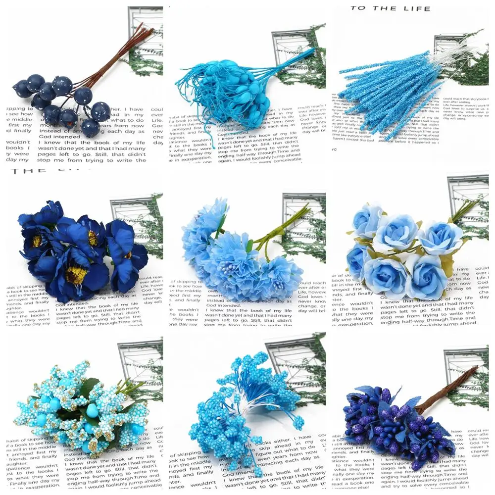 6/10/12/50/60/70/90/144pcs Beautiful Blue Flower Cherry Stamen Berries Bundle DIY Christmas Wedding Gift Box Wreaths Decor