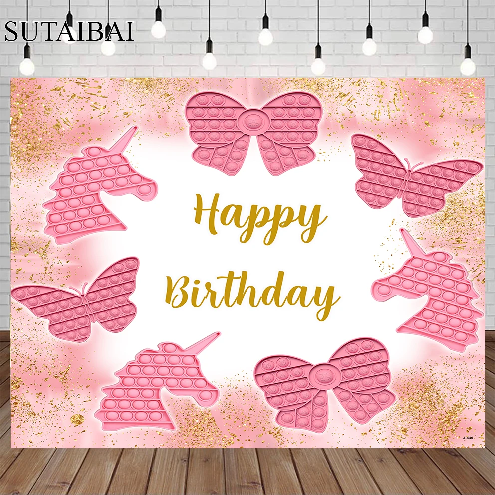 

Pink Girl Unicorn Birthday Butterfly Backdrop Gold Glitter Newborn Kids Happy Birthday Theme Photography Background Banner Decor