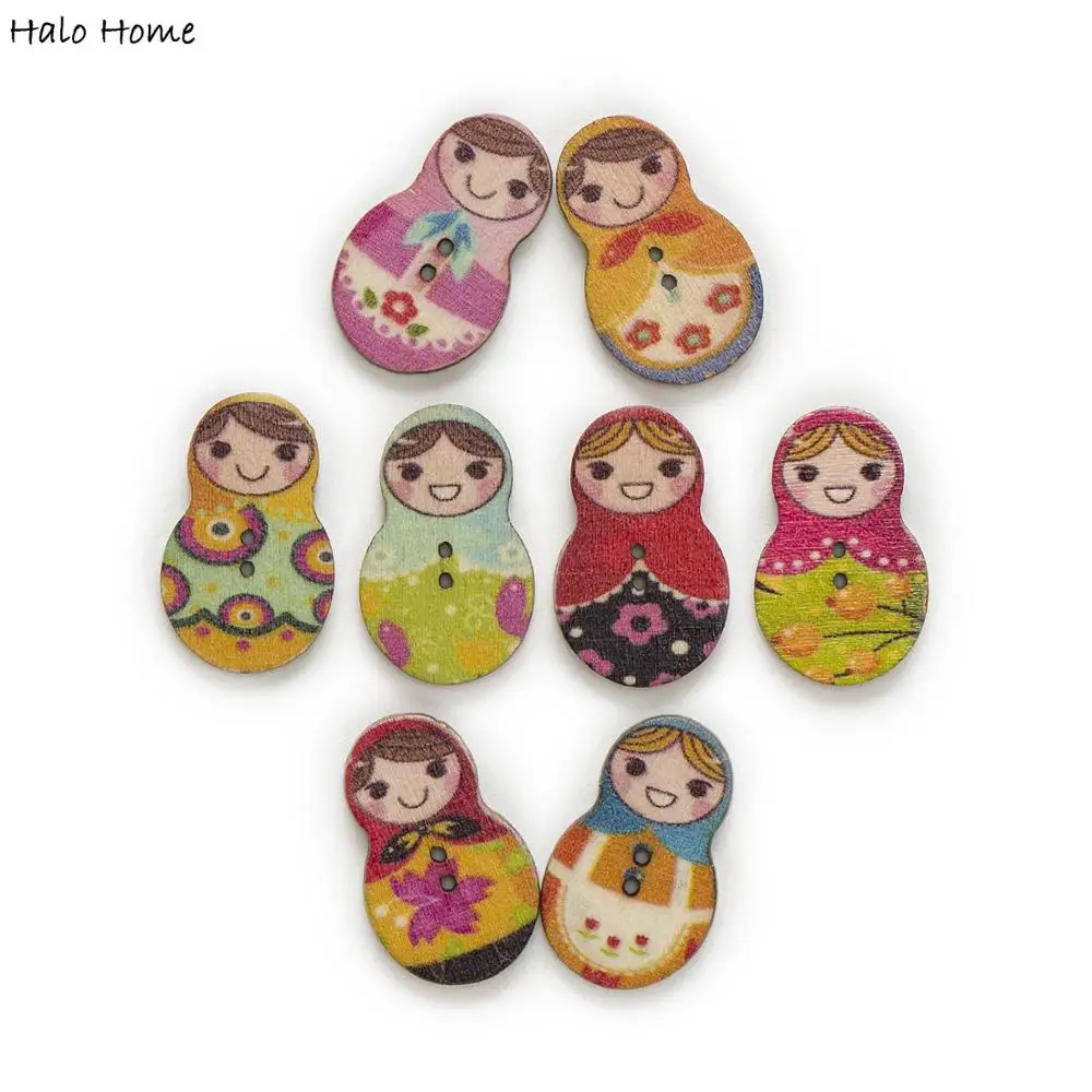 30pcs 3 Styles Matryoshka Mixed Nesting Girl Wood Buttons Scrapbooking Sewing Cloth Crafts Decor DIY 30x17/30x19mm