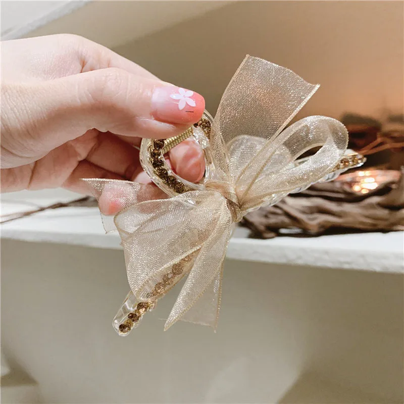 Hair Clip Net Yarn Bow Gentle Fairy Rhinestone Catch Clip Korea Hair Accessories Hair Catch Clip Hairpin Shark Clip