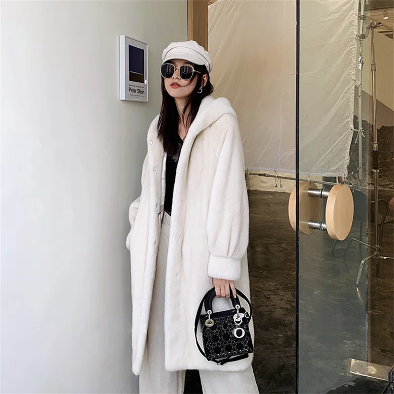 Newest Women Winter Jacket Artificia Mink Fur Velvet Female Long Parker Super Warm Inside Thickened Elegant Women‘s Coat White