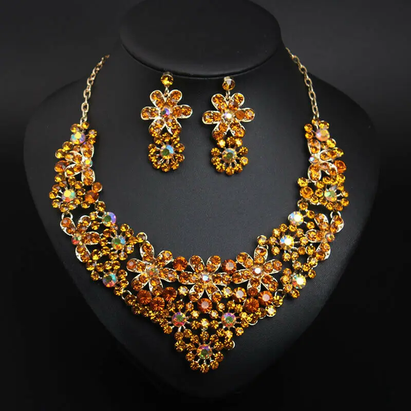 Flower Rhinestone Bridal Necklace Earrings Set Women Fashion Crystal Choker Statement Chain Collar Wedding Jewelry Accessories