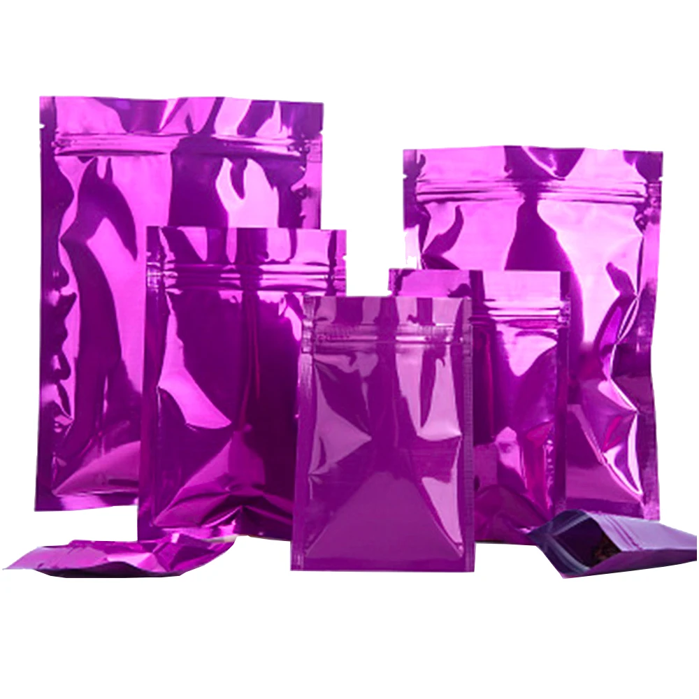 100Pcs/Lot Glossy Purple Aluminum Foil Bag Zip Lock Reclosable Reusable Tear Notch Food Ground Coffee Bean Tea Packaging Pouches